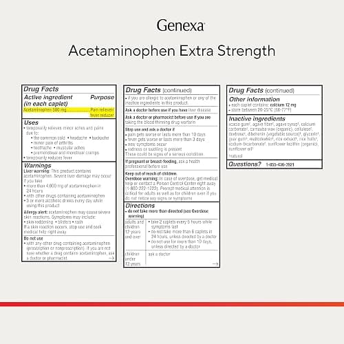 Genexa Acetaminophen 500mg Extra Strength Made Clean, 100 Tablets | Pain & Fever Medicine for Adults, Dye Free, 0% Artificial Additives, Relieves Headache, Backache, Minor Arthritis Pain thumbnail 8