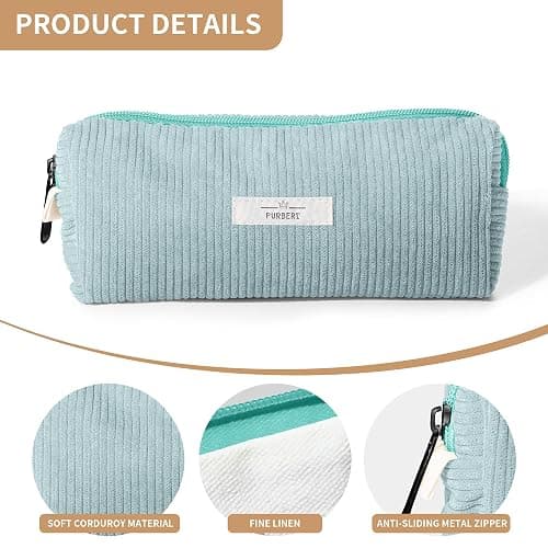 Purbert Soft Corduroy Pencil Case Pouch - Small Stationery Pen Bag Blue | Cute aesthetic design, smooth zipper, compact makeup pouch, ideal for school, daily use, travel, for girls, boys, students thumbnail 4