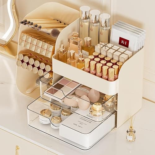 Makeup Organizer with Brush Holder for Vanity,Countertop Makeup Organizer with Drawers,Spacious Cosmetic Display Case,Perfect Storage Solution for Your Beauty Essential (Cream, Large) thumbnail 4
