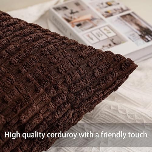 Aegero Pack of 2 Corduroy Decorative Throw Pillow Covers 18x18 InchSoft Boho Striped Pillow Covers Modern Farmhouse Home Decor for Sofa Living Room Couch Bed（Dark Brown） thumbnail 4