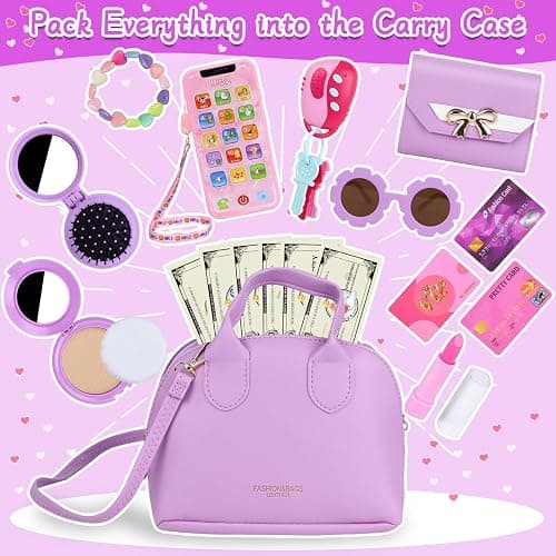 Kids Purple Play Purse Set for Little Girls 3-5 with Wallet Accessories | My First Pretend Handbag with Sunglasses, Cards, Interactive Keys, Smartphone and Fake Money Makeup Set thumbnail 2