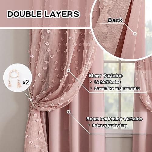 MYSKY HOME Pink Curtains for Girls Bedroom 84 Inches Long Blackout Nursery Curtains Double Layer Pink Pom Pom Sheer Overlay for Kids Toddler Grommet Privacy Room Darkening Window Drapes 52" x 84" thumbnail 5