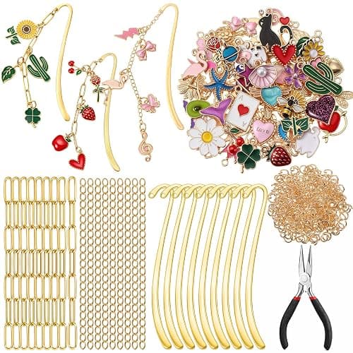 Tudomro 250 Pcs Metal Bookmarks Making Kit, DIY Metal Bar Bookmark Kit, DIY Craft Supplies with Charms, Jump Rings, Chains and Tools, Jewelry Making for Custom Bookmark Crafts (Cute) - Image 1