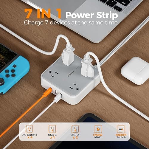 TESSAN Surge Protector Flat Extension Cord 5Ft, Flat Plug Power Strip with 4 Outlets 3 USB Ports (1 USB C), 900 Joules Protection, Multiple Wall Outlet Extender Suitable for Home Office Dorm, Grey thumbnail 4