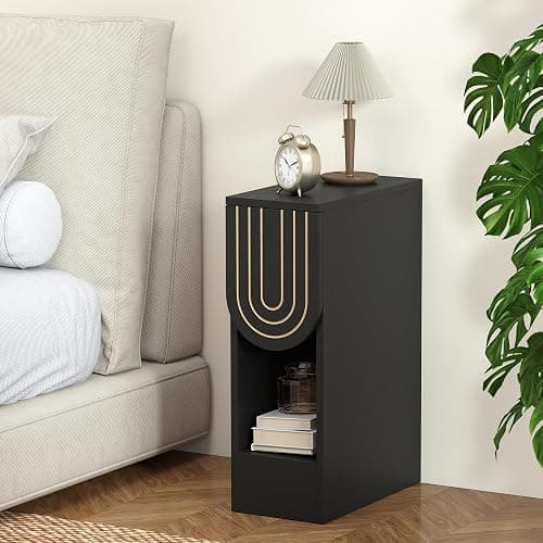 weselon Narrow Nightstands Set of 2, Black Bedside Table with Carved Drawer and Storage Shelf, Mid-Century Modern Slim Side End Table for Bedroom Compact Space, Wooden Small Night Stand (2, Black) thumbnail 6