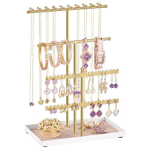 SONGMICS Schmuckständer, Schmuckhalter, Metallrahmen, Schmucktablett Samt, Schmuckaufbewahrung für Halsketten Armbänder Ohrringe Ohrstecker Ringe, Geschenkidee, blassgold JJS036AB01 - Image 1