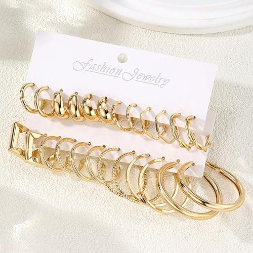 17IF 12 Pairs Golden Hoop Earring Set for Women Chunky Smooth Surface Trendy Small to Big Stud Earring Lightweight Twisted Pearl Ear Pack thumbnail 2