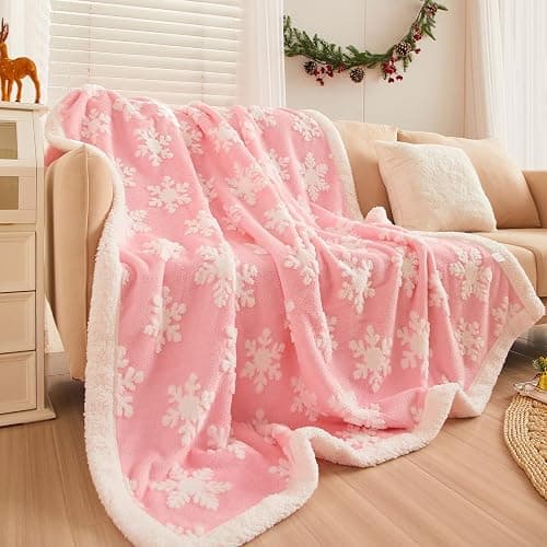 YIRDDEO Fleece Throw Blanket Pink Picnic Blankets for Couch Christmas Winter Blankets with White Snowflake Tufted Soft Microfiber Blanket Travel Outdoor Camping Blanket 50x60 Inches - Image 1