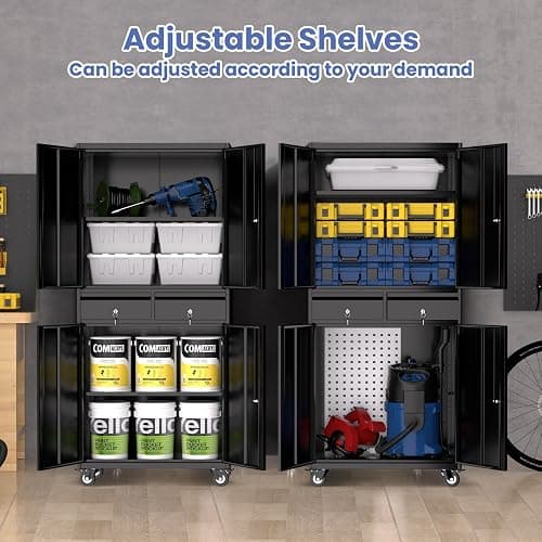 GarveeHome 73'' Metal Storage Cabinet, Heavy Duty Garage Storage with Wheels, Locking Doors and 2 Drawers, Adjustable Shelves, Black thumbnail 5