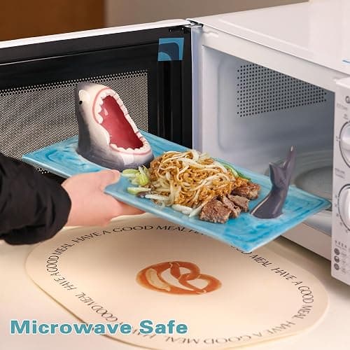 Light Blue Ceramic Shark Plate, Shark Sushi Plates, Funny Handmade Kitchen Salad Plates with Dipping Sauce Bowl, Microwave/Oven/Dishwasher Safe Plates, Holiday Birthday Gifts for Shark Party Lovers thumbnail 7