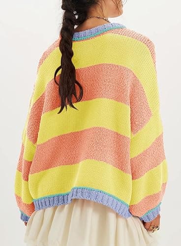 Aisongyuan Women Fall Color Block Striped Sweater Crewneck Long Sleeve Loose Pullover Sweaters Knitted Tops thumbnail 2