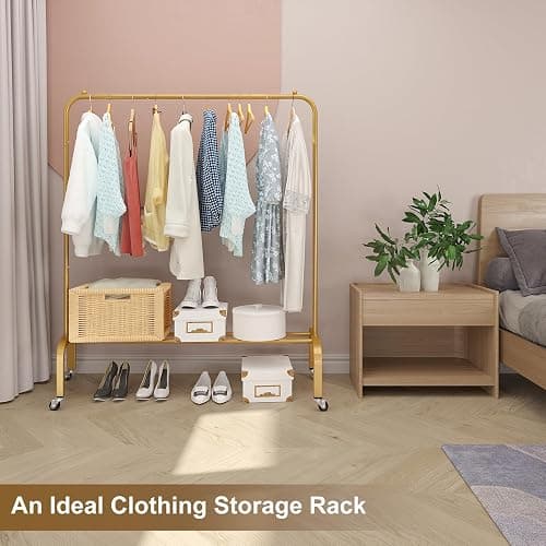 JIUYOTREE Metal Clothing Rack with Wheels 43.3 Inches Rolling Clothes Garment Coat Rack with Bottom Shelf Clothing Rack for Hanging Clothes Coats Skirts Shirts Sweaters Gold thumbnail 3
