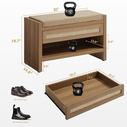 SICOTAS Rattan Shoe Bench Entryway Bench with Storage Drawer and Linen Seat Cushion, Farmhouse Boho Shoe Rack with Shelf, Wooden Storage Bench for Entryway Hallway and Bedroom, Caramel Oak thumbnail 2