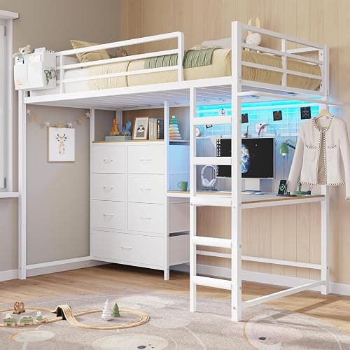 DICTAC Twin Size Loft Bed with L-Shaped Desk and 7 Storage Drawers,Metal Twin Loft Bed for Kids with LED Lights and Charging Station,13.11" H Safety Guardrail and Ladder,No Box Spring Needed, White thumbnail 2