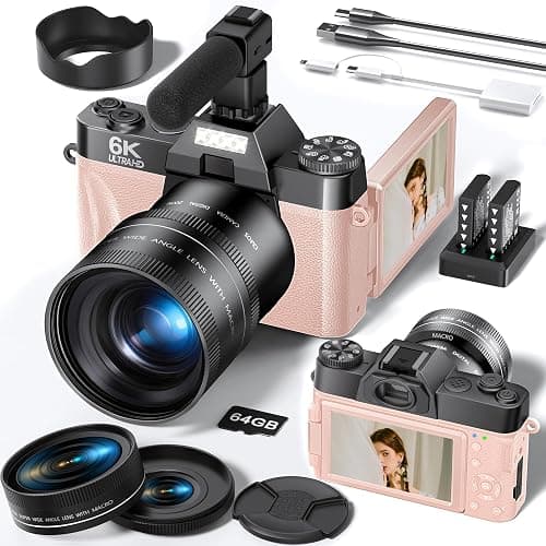 FLATIC Cameras for Photography, 6K 64MP Digital Camera with WiFi & Microphone for Youtuber, Vlogging Camera with 180°Flip Screen, 64GB Card, 2 Batteries, Macro & Wide-Angle Lens, Card Reader - Image 1