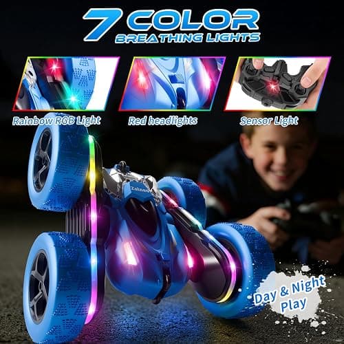 Zalneo Remote Control Stunt Car 4WD 360° Flip Double‑Sided RC Cars, LED Light Bar, USB‑C Modular Battery, 2.4 GHz Outdoor Beach Toy for Boys 6‑12 Years Old, Birthday & Christmas Kids Gift, Blue thumbnail 3