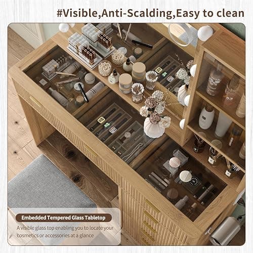 Yanosaku 47" Fluted Vanity Desk with Mirror & LED Lights, 7-Drawer Makeup Vanity with Glass Top & Cabinet, Vanity with Chair & Charging Station, 3 Lighting Modes, for Bedroom, Natural Oak thumbnail 8