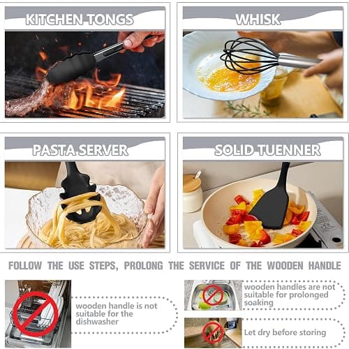 Kitchen Utensils Set- 34PCS Silicone Cooking Utensils with Holder, Umite Chef Heat Resistant Kitchen Utensil Spatula Set for Nonstick Cookware, Black Wooden Handles Kitchen Gadgets Tools Set thumbnail 5