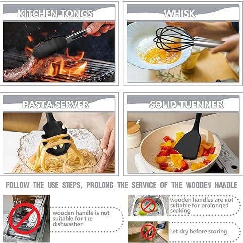 Kitchen Utensils Set- 34PCS Silicone Cooking Utensils with Holder, Umite Chef Heat Resistant Kitchen Utensil Spatula Set for Nonstick Cookware, Black Wooden Handles Kitchen Gadgets Tools Set thumbnail 6