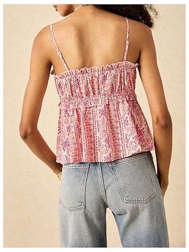 MakeMeChic Women's Floral Spaghetti Strap Camisole Ruched Ruffle Hem Going Out Tank Tops thumbnail 3