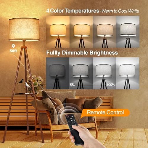 OUTON Tripod Floor Lamp with Shelves, Mid Century Dimmable Wood Floor Lamp with Remote Control, 4 Color Temperatures, Standing Tall Lamp with Linen Shade for Living Room, Bedroom, Office, Walnut thumbnail 2