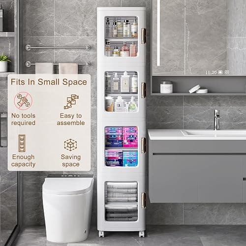 VECELO 4-Tier Tall Narrow Storage Cabinet with Movable Wheels, Adjustable Shelves, Anti-Tip, Slim, for Small Space, Bathroom, Kitchen, Laundry, White thumbnail 3