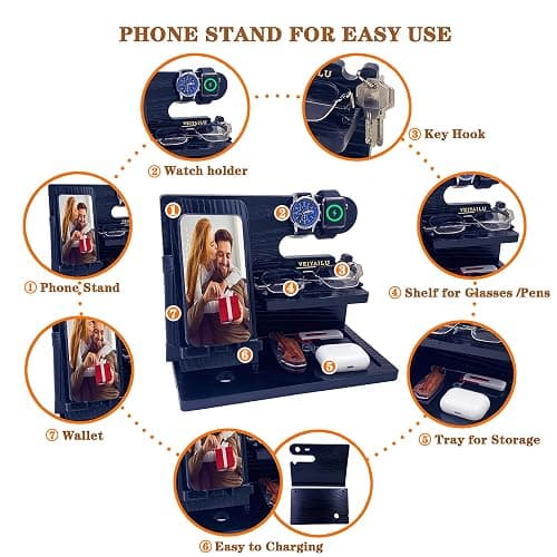 VEIYAILU Gifts for Dad Men Mom Women from Daughter Son Birthday Gifts Nightstand Organizer Mens Wood Phone Docking Station (Black) thumbnail 5