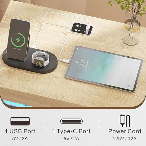 Dystler Nightstand with LED Light and Charging Station for Bedroom, Wood | 2 Drawers, Open storage space, Smart Bedside Table, Human Sensor, Modern thumbnail 6