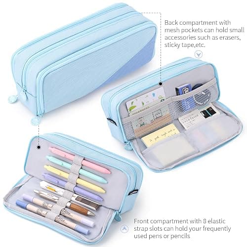 CICIMELON Big Capacity Pencil Case 3 Compartments Pen Pouch Bag Multifunctional Organizer for School Office, Haze Blue thumbnail 3