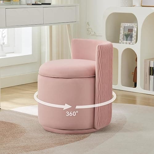 WUTUTUEE Velvet Vanity Chair with Storage, 360° Swivel Makeup Chair with Wave Back, No Assembly Small Accent Stool for Bedroom, Dressing, Living Room, Pink - Image 1