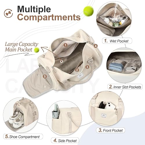 FIORETTO Womens Gym Tote Duffle Bag with Wet Pocket & Shoe Compartment, Sports Duffel Overnight Weekender Hospital Workout Carry on Bag for Girls, Ideal for Travel, Swimming, Dance, Ballet Beige thumbnail 2