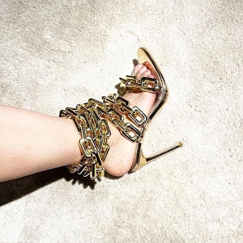 Frankie Hsu Luxury Women's Ankle Leg Lace Up Gold Link Chain Clear PVC Strappy Stiletto Round Toe High Heeled Sandals thumbnail 2