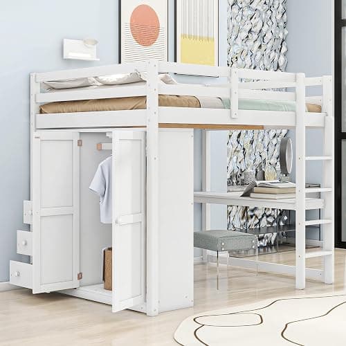 Harper & Bright Designs White Full Size Loft Bed with Desk & Wardrobe, Solid Wood Kids Loft Bedframe w/3 Storage Drawers & 2 Shelves, Maximum Space Design, for Bedroom, Dorm thumbnail 4