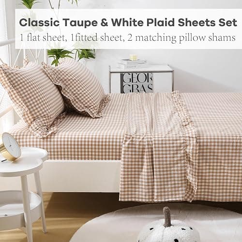 K MASANIJI Taupe White Plaid Ruffle Sheets Queen Size 4-Piece Set, 300TC 100% Yarn Dyed Washed Cotton Checker Sheets 18'' Deep Pocket Farmhouse Gingham Decorative Bedding（Taupe/White Plaid, Queen） thumbnail 2