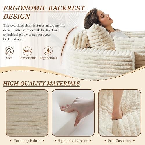 55"W Oversized Round Chair Lounge Chaise Indoor, Corduroy Upholstered Comfy Large Circle ArmChair, Modern Fluffy Deep Seat Cloud Sofa Chair Sleeper Sofa Bed for Living Room, Bedroom Apartment, Beige thumbnail 4