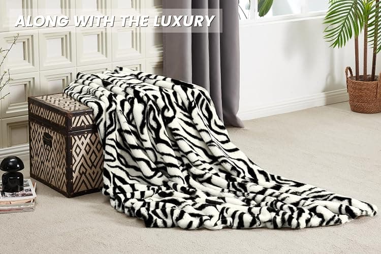 JONIYEAR Soft Fluffy Zebra Print Faux Rabbit Fur Throw Blanket 50" x 60", Luxury Cozy Shaggy Fuzzy Blankets, Reversible Cute Warm Animal Printed Blanket for Women Winter,Washable,Cream White and Black thumbnail 5