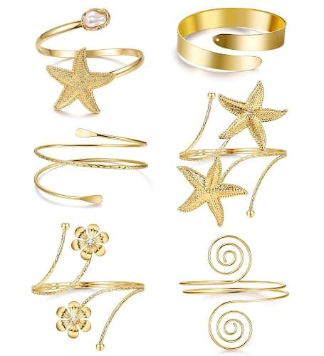 REVOLIA 6Pcs Arm Cuff Bracelets for Women Boho Minimalist Coil Upper Arm Cuffs Starfish Flower Statement Bangle Band Armlet Adjustable Cuff Armband Jewelry Stackable Bracelet Set - Image 1