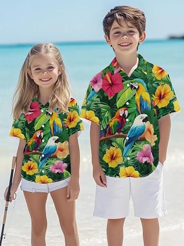REVENEVER Boys Hawaiian Shirt Button Down Shirt Short Sleeve Cartoon Print Hawaiian Beach Shirt for Kids thumbnail 5
