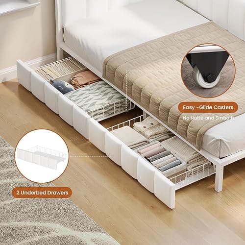 Hasuit Corner Bed Frame with Storage Drawers, Twin Daybed with Line Fabric Upholstered Fence, Kids Bed Unit with LED Light and Charging Station, Modern Bed Frame Twin Size, Beige thumbnail 7