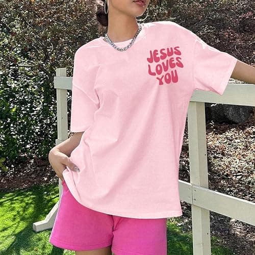 Kelxjia Christian Jesus Shirts for Women Oversized Jesus Loves You Tshirts Religious Faith Shirt Inspirational Graphic Tees thumbnail 4
