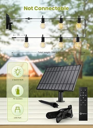 Brightown 158FT Solar String Lights Outdoor Waterproof with Remote, Solar Patio Lights with 75 Shatterproof LED Bulbs, 3 Light Mode, Dimmable & Timer, Hanging String Lights for Porch Garden Bistro thumbnail 5