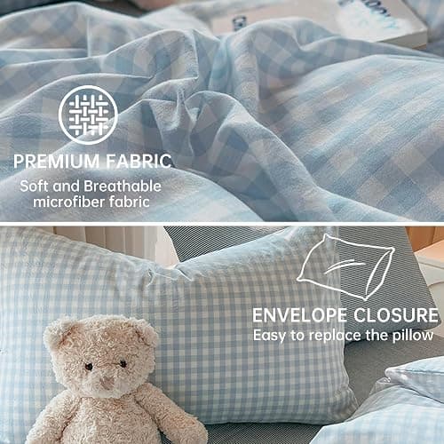 BOLINLIVING Gingham Duvet Cover Set Twin, Kids College Dorm Comforter Cover | Reversible Blue Plaid Checkerd, 68"x 90" with 1 Pillowcase,Soft Microfiber, Breathable, Zipper & 8 Ties, All Season,No insert thumbnail 5