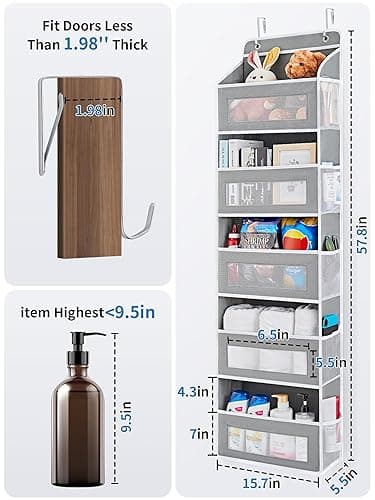 JARLINK Over The Door Organizer Storage, 5 Shelf Hanging Door Organizer with 5 Large Capacity Pockets, Anti Tilt 44 lb Load Behind Door Organizer for Bedroom, Bathroom, Pantry, Nursery, (Grey) - Grey - 1 Pack thumbnail 3