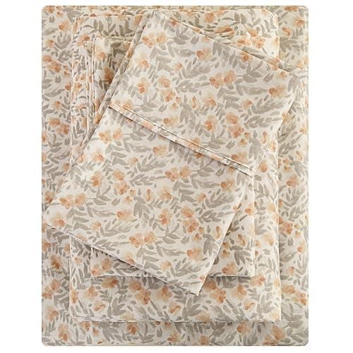 Viviland Floral Queen Sheet Set - 4 Piece Vintage Light Orange Flower Patterned Bed Sheets - Soft, Breathable Microfiber Sheets with Deep Pocket, Non-Slip Fitted Sheets & Pillowcases - Image 1