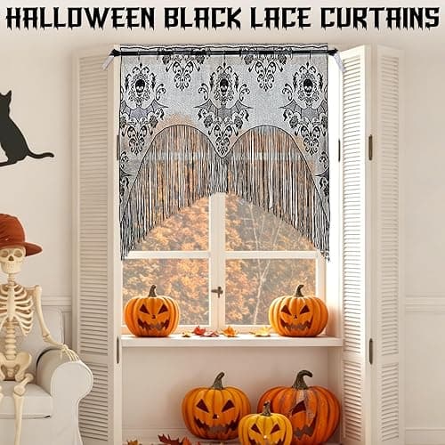 ZeeDix 2 Pcs Halloween Lace Curtains Black Skull Tassel Window Door Curtain | 2 Pcs Black Lace Skull Curtains For Halloween Window, Door, Mantel & Wall, Great For Halloween Party Decor, Party Supplies thumbnail 5