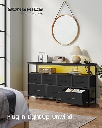 SONGMICS BELLAH Collection - Dresser for Bedroom with App-Controlled LED Lights and Charging Station, Chest of Drawers, TV Stand, 7 Drawers, Shelf, Modern, Ink Black ULGS733BH02S thumbnail 3