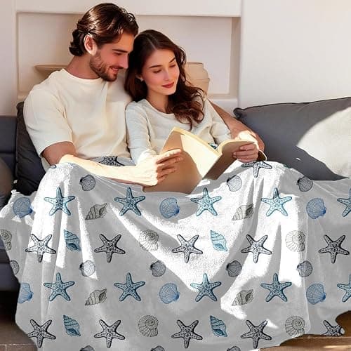 Ydbkt Coastal Ocean Beach Throw Blanket, Starfish Seashells Summer Fleece Blue Grey on White Blanket, Ocean Theme Lightweight Soft Cozy for Sofa Couch Bed Room Decor 50"x60" thumbnail 3