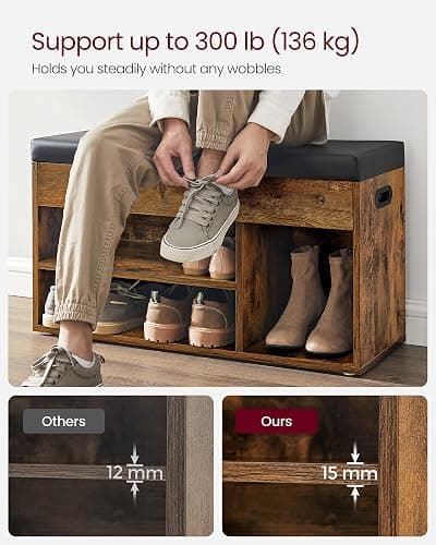VASAGLE Shoe Bench with Cushion, Storage Bench with Padded Seat, 3 Compartments, Hidden Storage, Shelves, Living Room Lounge Hallway Bedroom, Load Capacity 150 kg, Rustic Brown LHS30BX thumbnail 6