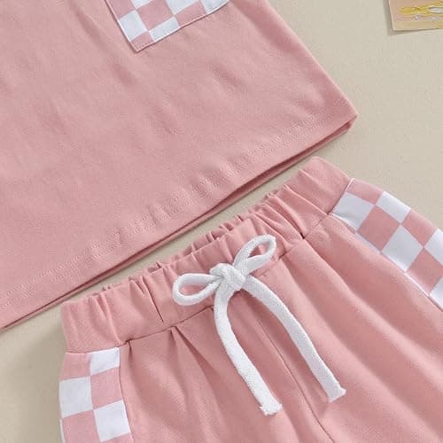 Sejardin Toddler Baby Girl Clothes Summer Outfit Plaid Patchwork Short Sleeve T Shirt Tops and Stretch Casual Shorts Set thumbnail 6