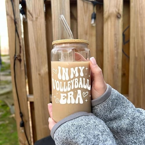 Mikopei Volleyball Gifts for Teen Girls - Cute Glass Cups with Lids and Straws, In My Volleyball Era Accessories Stuff Things Water Bottle for Women Team, Iced Coffee Cup, 16 oz Visit the Store thumbnail 2